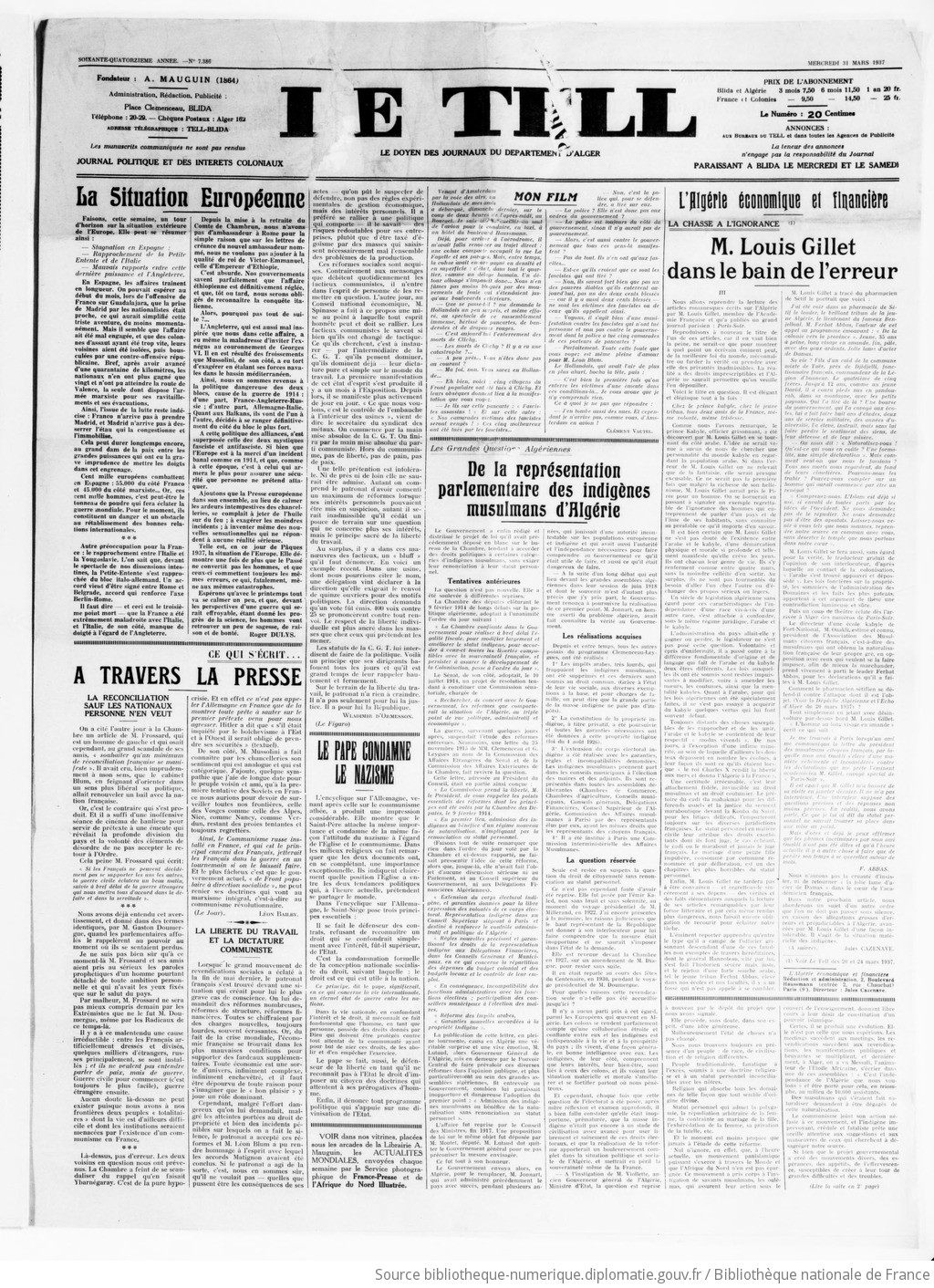Le Tell : journal des intérêts coloniaux, 1937-03-31