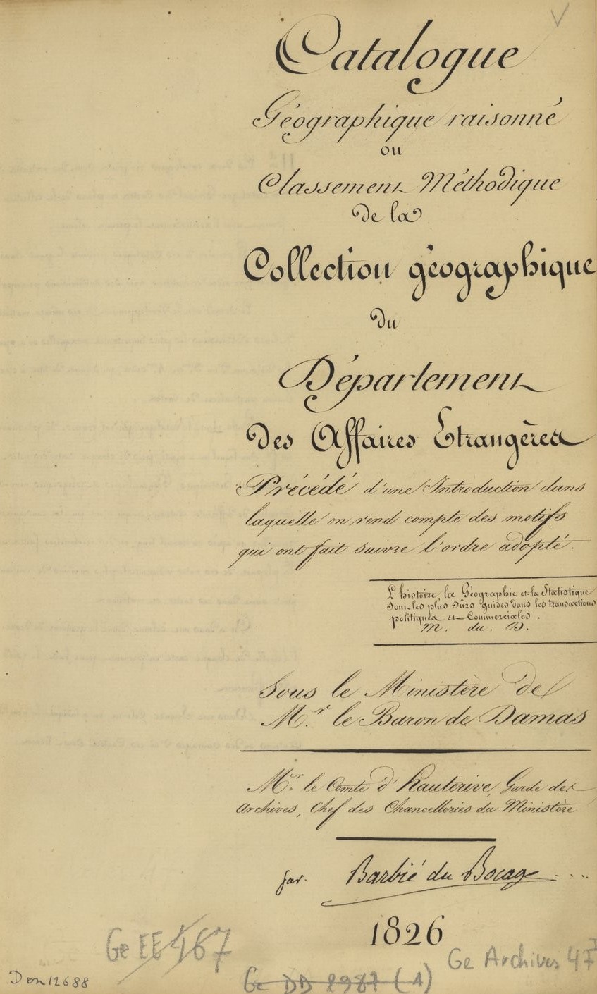 Catalogue des cartes géographiques aux Affaires étrangères (page de titre manuscrite)