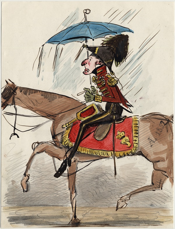 Duc de Wellington à cheval, tenant un parapluie sous la pluie (dessin aquarellé)