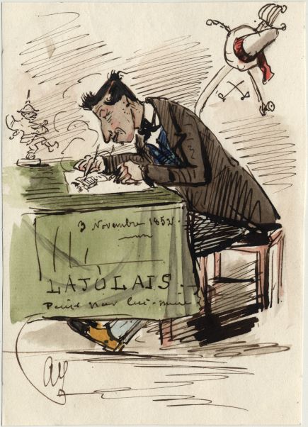 Auguste de Lajolais à sa table de dessin (dessin aquarellé)