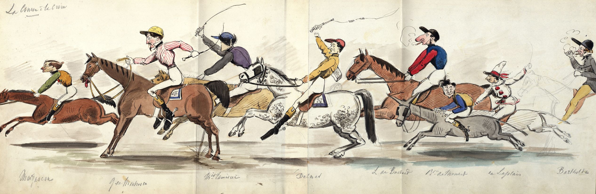 Course à cheval de diplomates français (dessin aquarellé) (agrandir l'image)