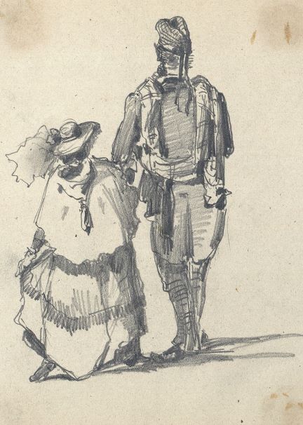 Reine Victoria s'éloignant de dos, s'appuyant sur John Brown (dessin à la mine)
