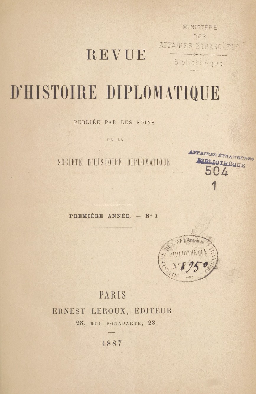 Page de titre du premier fascicule de la Revue d'histoire diplomatique, publié en 1887