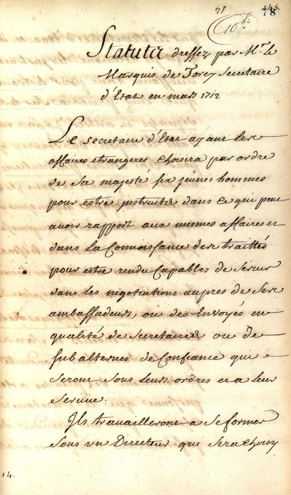 Statuts dressés par le marquis de Torcy (manuscrit)