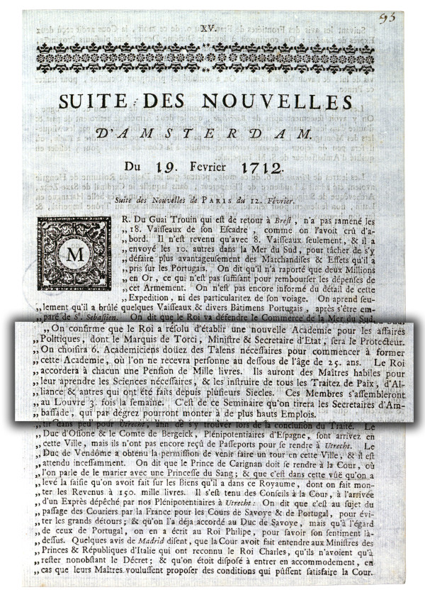 Gazette d'Amsterdam du 19 février 1712 (imprimé)