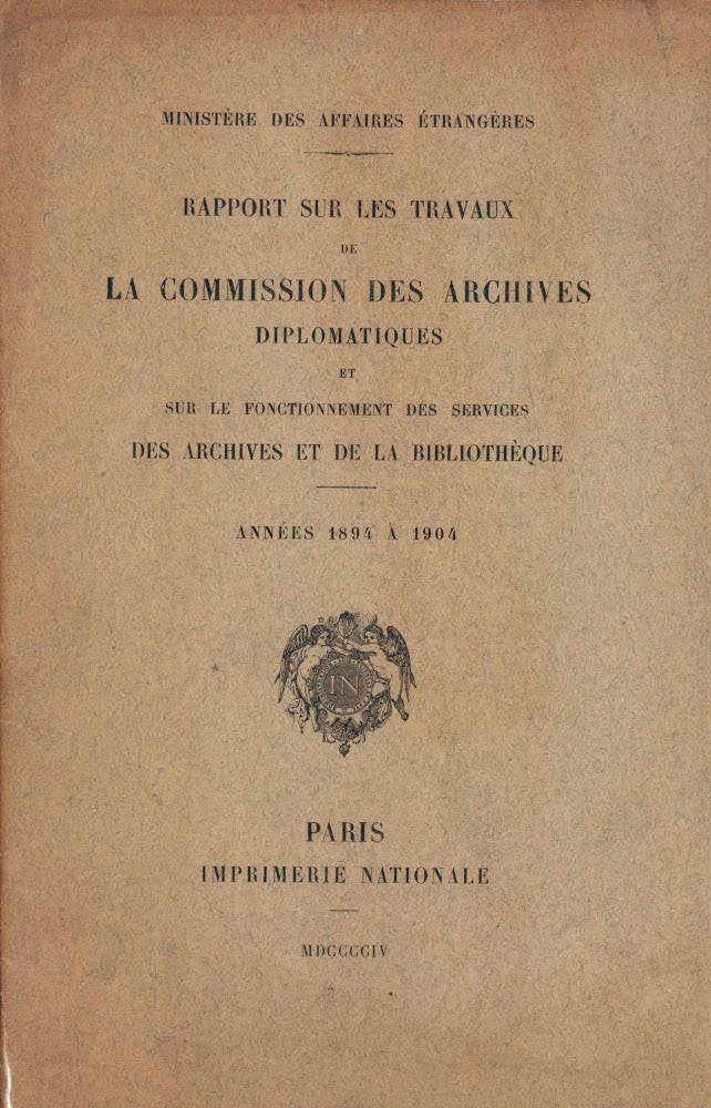 Rapport sur les travaux de la commission des Archives diplomatiques (page de titre)