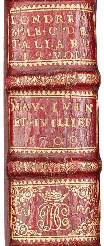 Reliure en maroquin rouge au monogramme de Jean-Baptiste Colbert de Torcy (dos)